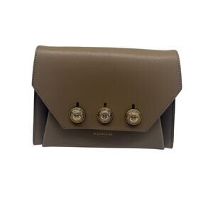 Balmain Emblème Calfskin Leather  Button Accent Shoulder Bag Taupe Brown